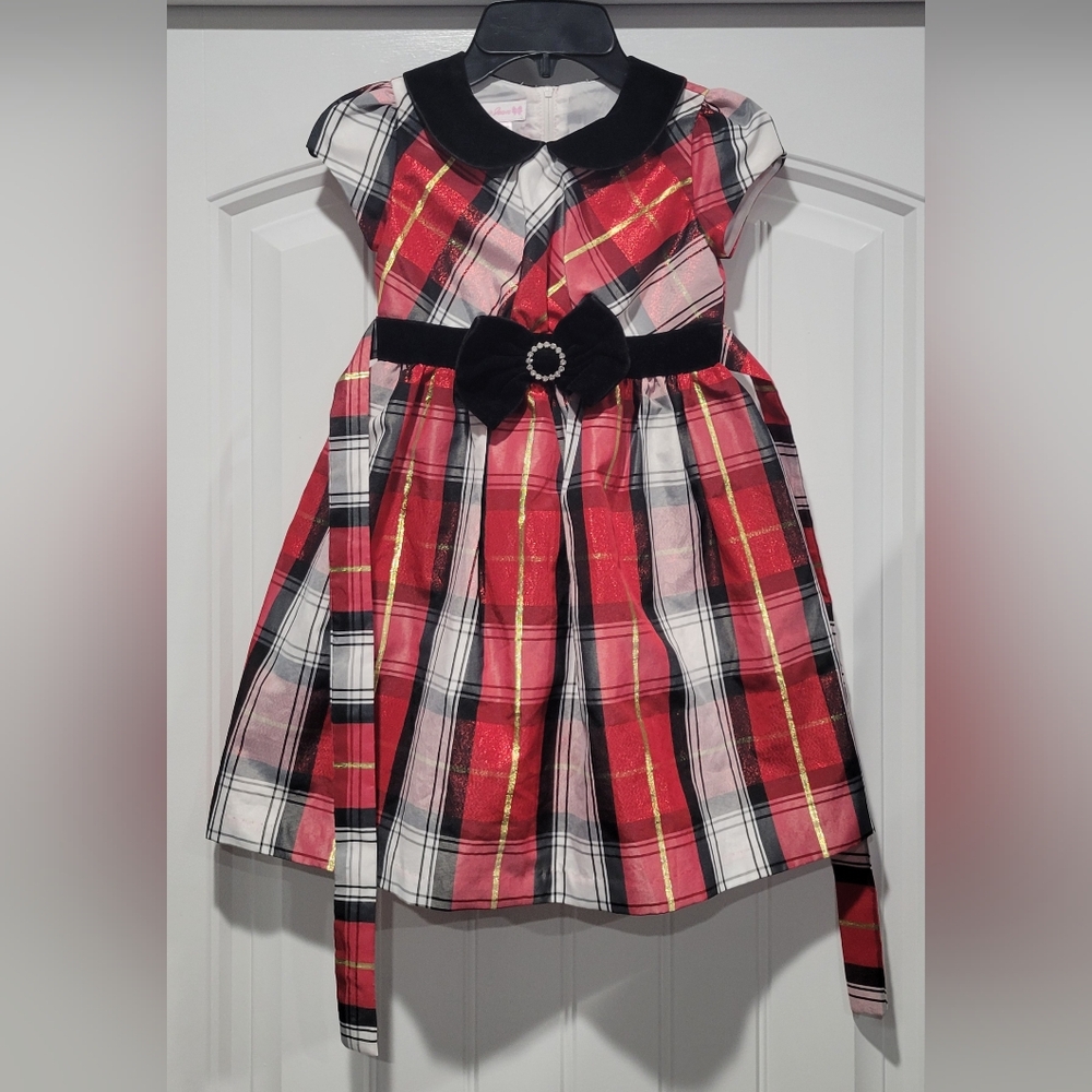 Bonnie Jean Girl's Red Plaid Dress with Black Velvet Bow